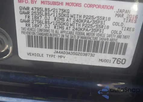 2016 Mitsubishi Outlander Sel from USA, damaged, VIN JA4AD3A35GZ038732